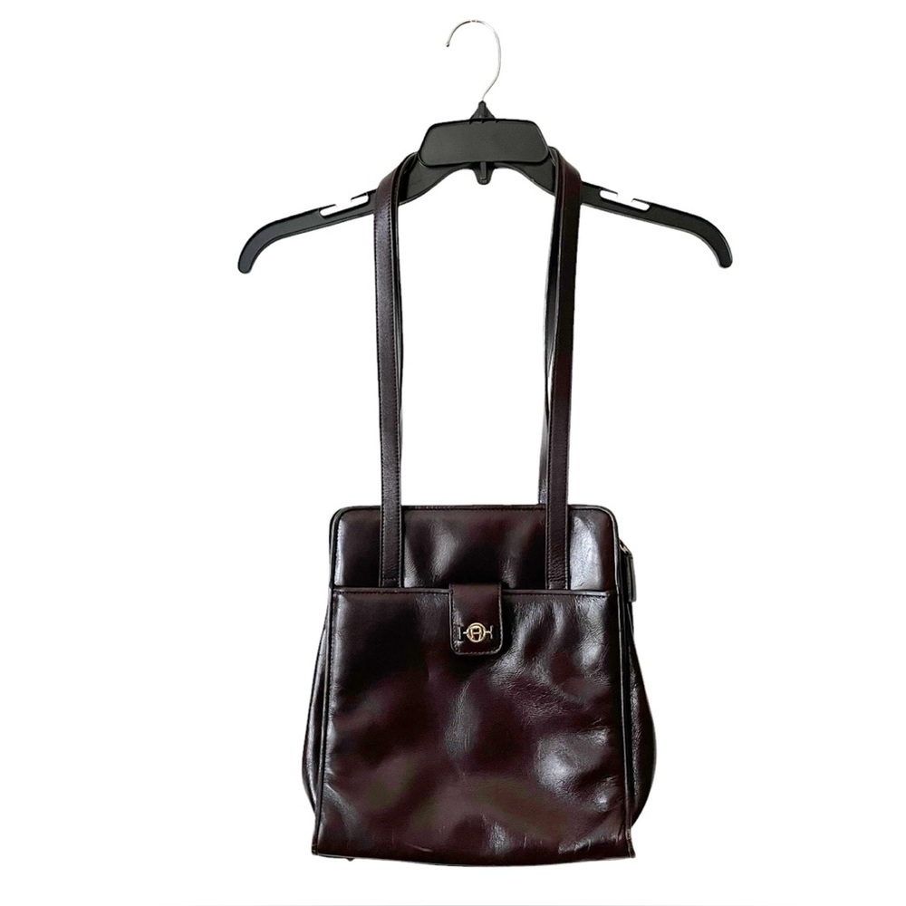 Etienne Aigner Shoulder Bag Brown Leather Double Strap 3 Compartments Zip Purse